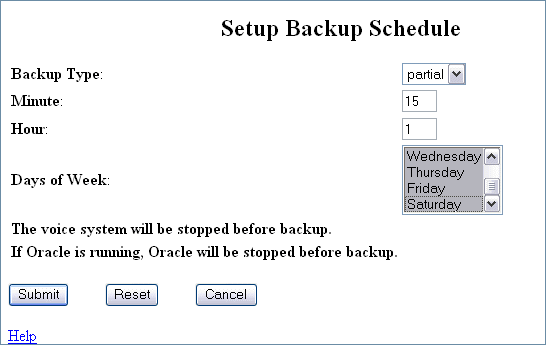 P2 Setup Backup Schedule screen - partial